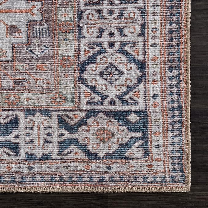 Bloom Rugs Washable Non-Slip 2' x 3' Rug - Brown/Blue/Orange Traditional Oriental Area Rug for Living Room, Bedroom, Dining Room, and Kitchen - Exact Size: 2' x 3'