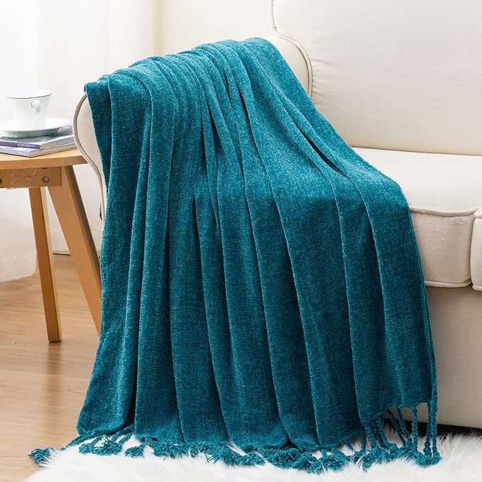 BATTILO HOME Teal Blue Throw Blanket for Couch, Bed, Sofa - Soft Cozy Chenille Throw Blanket with Fringe Tassels, Lightweight Turquoise Green Knit Throw for Home Decor, 50"x60"