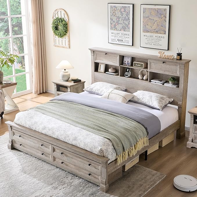 Farmhouse King Size Bed Frame with 54" Tall Storage Bookcase Headboard, 18" Roman Column Decoration Footboard,2 Drawer & 4 Storage Rack, Wood Platform Bed Frame, No Box Spring Needed(Light Rustic Oak)