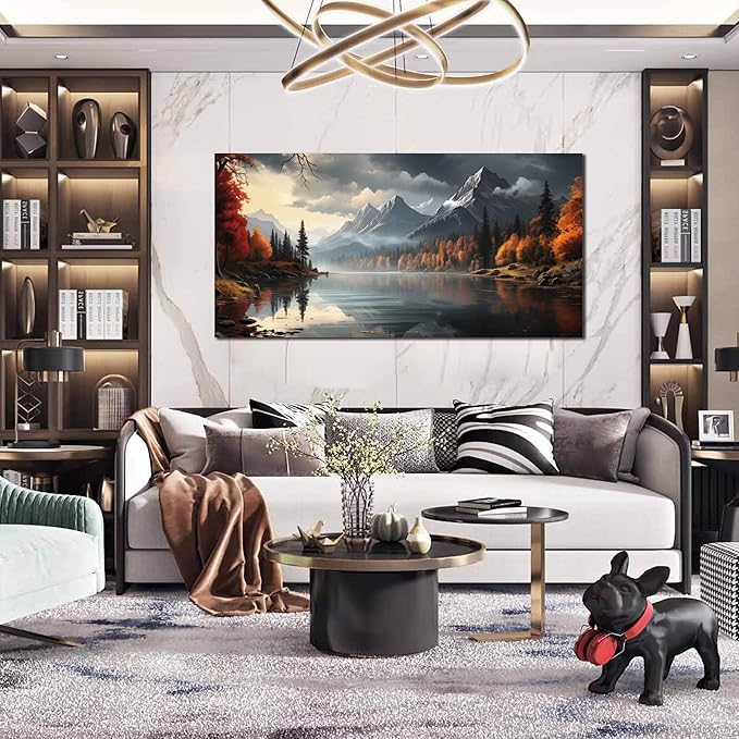 Landscape Wall Art for Living Room Bedroom Home Office Gray Wall Art Mountain Lake Pictures Modern Landscape Large Artwork Framed Canvas Prints 24x48 Inch