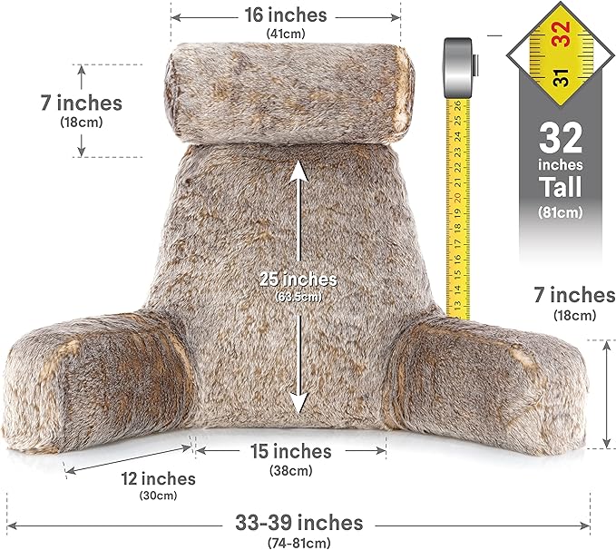 Husband Pillow XXL Ultra Rare Baby Chinchilla Backrest, Two-Tone Reversible Double Sided Fabulous Faux Fur Reading & Bed Rest Pillow with Arms & Neck Roll, Adjustable Memory Foam - Extremely Comfy