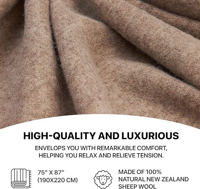| Wool Blanket/Throw | 100% New Zealand Wool | Perfect for Home and Outdoors | Virgin Wool Throw with Fringes 75"x87" (190 x 220 cm)