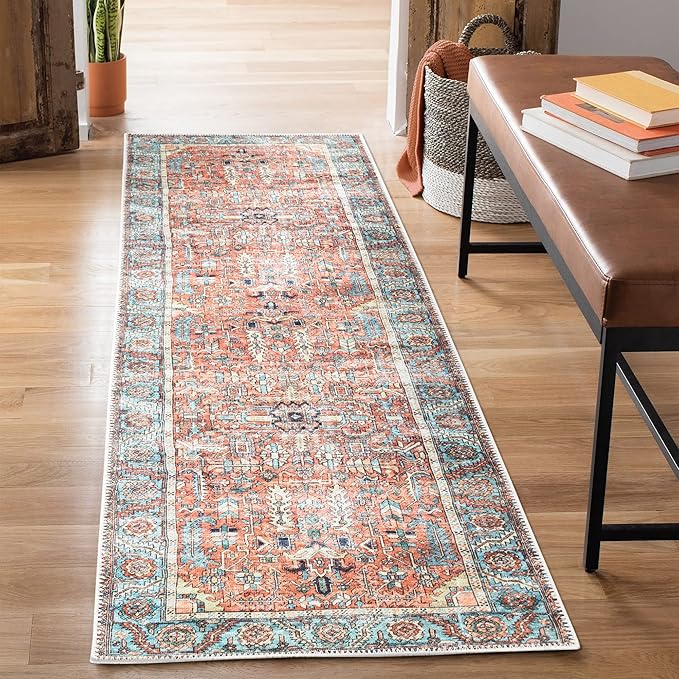 Bloom Rugs Washable Non-Slip 10 ft Runner - Orange/Blue Traditional Runner for Entryway, Hallway, Bathroom, and Kitchen - Exact Size: 2.5' x 10'