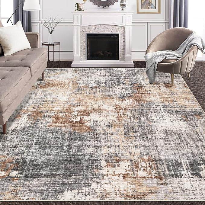 Area Rug Living Room Rugs - 6x9 Washable Large Soft Indoor Neutral Modern Abstract Low Pile Rug Carpet for Bedroom Dining Room Farmhouse Home Office - Grey Brown
