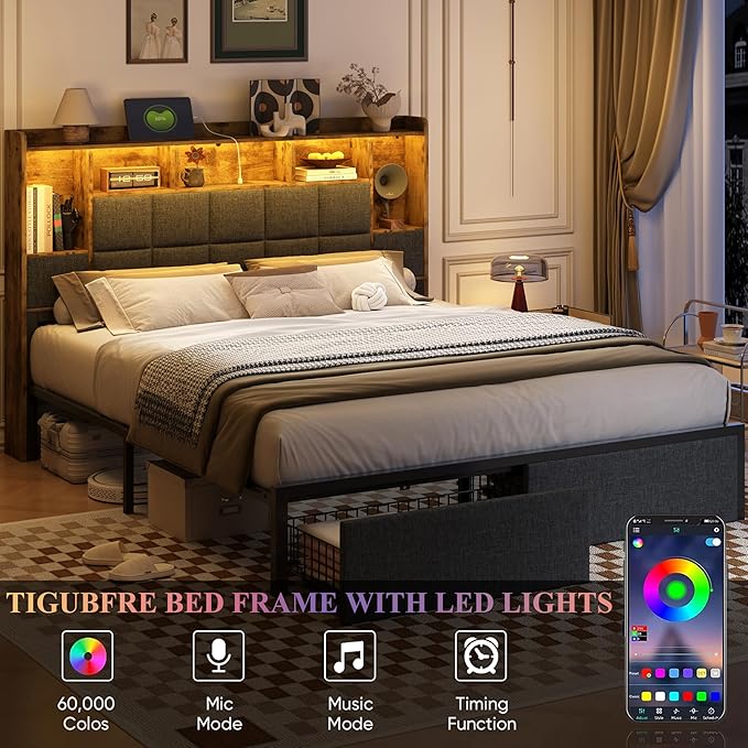 LED Bed Frame Queen Size with 2 Hidden Storage Drawers, Bookshelf Headboard, Upholstered Platform Metal Bed Frame with Charging Station, Metal Slats Support, Noise Free, No Box Spring Needed