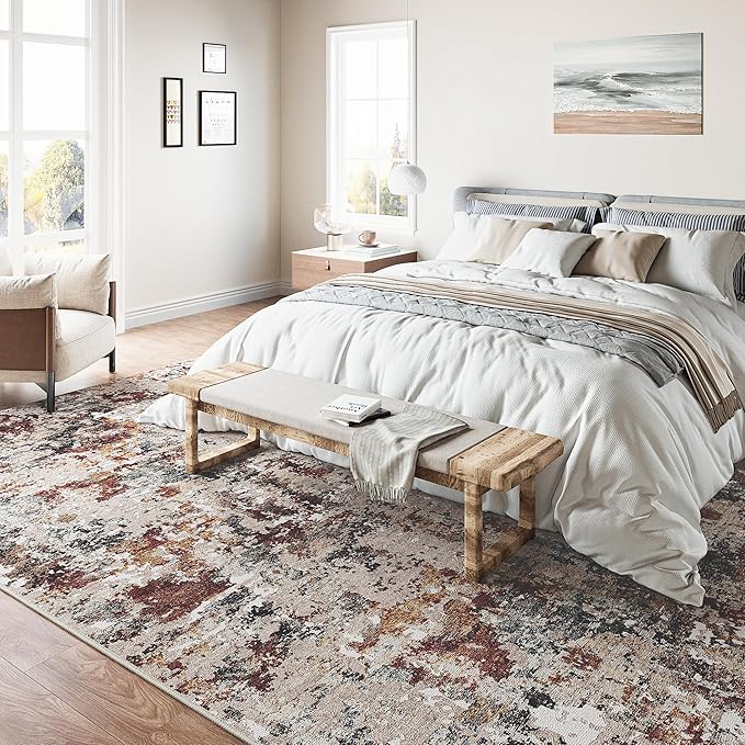 Modern Area Rug 3x5 Machine Washable Entryway Entrance Carpet Red Brown Multi Kitchen Mat Non Slip Indoor Accent Neutral Abstract Distressed Throw Rug for Dining Living Room Office Bedroom