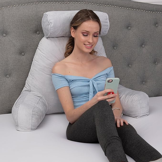 Husband Pillow XXL – Reading Pillow Bed Chair with Arms & Back Support – Light Grey - Back Pillow for Beds Sitting Up – Bed Rest Arm Pillow – Comfy Reading Pillow for Adults
