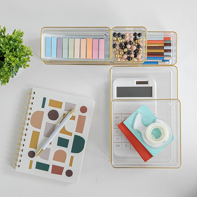 Martha Stewart Kerry Plastic Stackable Office Desk Drawer Organizers, Set of 6, with Gold Trim