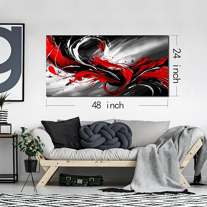 Black White and Red Abstract Print Picture Painting Large Canvas Wall Art for Living Room Bedroom Framed Canvas Wall Decor Modern Room Abstract Wall Decorations Artwork Size 24x48 Ready to Hang