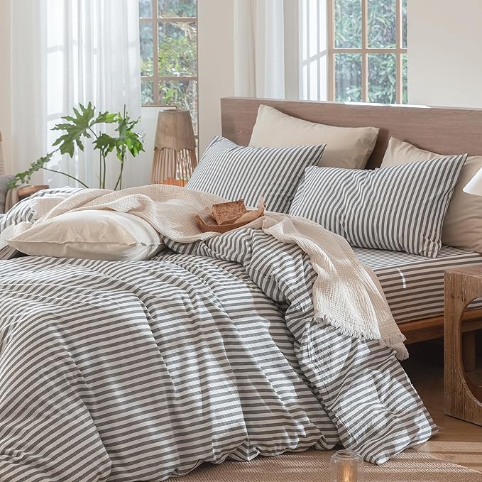 MooMee Striped Duvet Cover Set 100% Washed Cotton Linen Like Textured Breathable Durable Soft Comfy (Dark Grey White Classic Stripes, Cal King 104"x98")