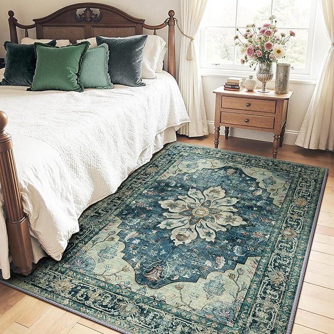 Area Rugs 4'x5' Washable Non-Slip, Floral Vintage Distress Print Pattern Medallion Carpet for Living Room Bedroom Dining Room, Dark Blue Vintage
