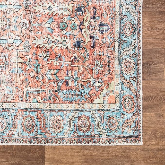 Bloom Rugs Washable Non-Slip 4' x 6' Rug - Orange/Blue Traditional Area Rug for Living Room, Bedroom, Dining Room, and Kitchen - Exact Size: 4' x 6'