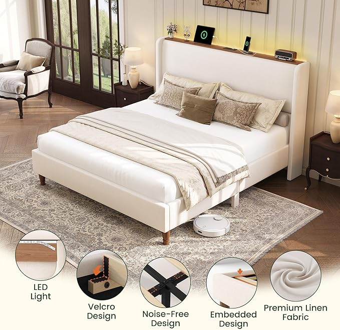 LARMACE Queen Size Bed Frame with LED Lights and Charging Station Linen Upholstered Platform Bed Frame with 51.2" Tall Headboard Wingback and Storage Shelf, No Box Spring Needed, Noise Free, Beige