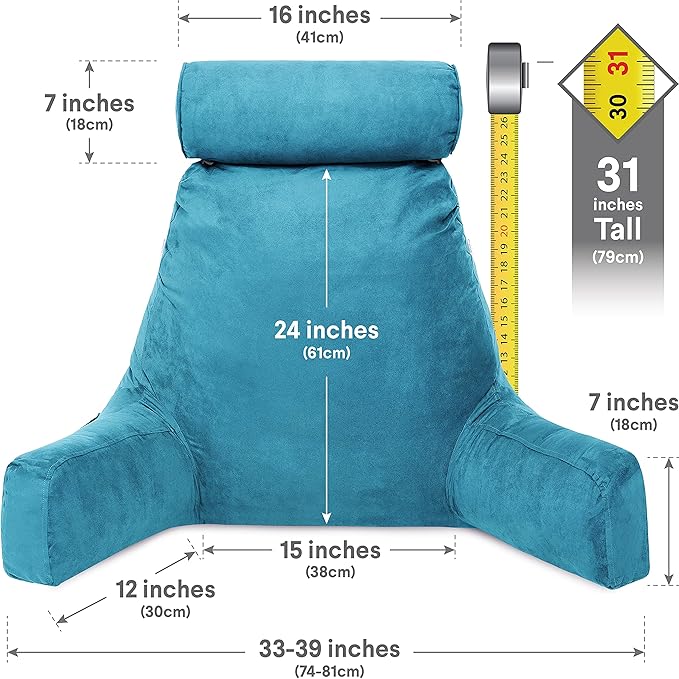 Husband Pillow XXL Reading & Bed Rest Pillows - Premium Memory Foam Backrest Pillow with Arms & Neck Roll - Aspen Edition Rodeo Blue - Reversible 2 Sided Cover with Plush Microfiber and Suede