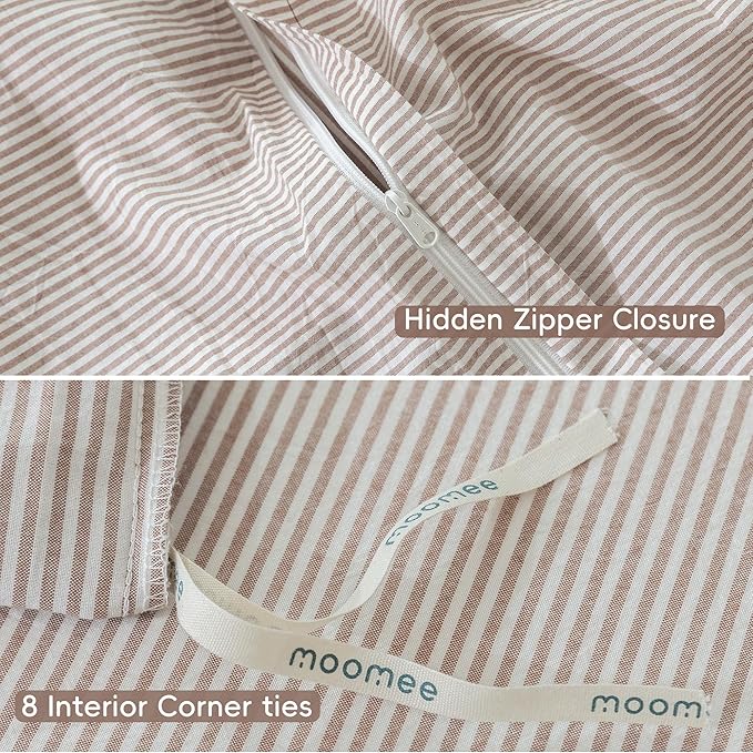 MooMee Striped Duvet Cover Set 100% Washed Cotton Linen Like Textured Breathable Durable Soft Comfy (Orange Pinstripes, Super Queen 90"x98")