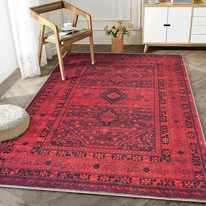 Bloom Rugs Washable Non-Slip 5' x 7' Rug - Red Traditional Bordered Area Rug for Living Room, Bedroom, Dining Room, and Kitchen - Exact Size: 5' x 7'