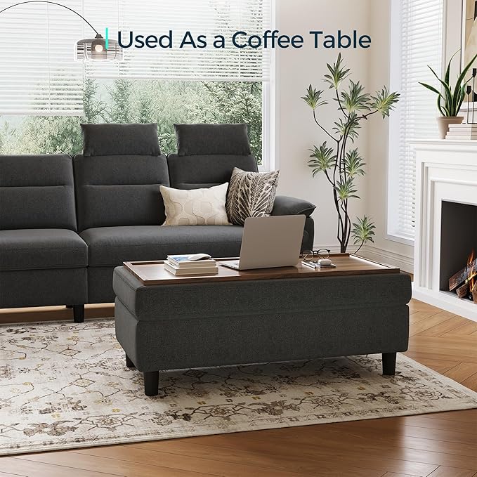 LINSY HOME 46 Inches Wide Storage Ottoman Bench, Linen Coffee Table Long Shoes Bench Footstool, Storage Chest, Foot Rest Stool, for The Living Room, Entryway and Family Room, Dark Gray
