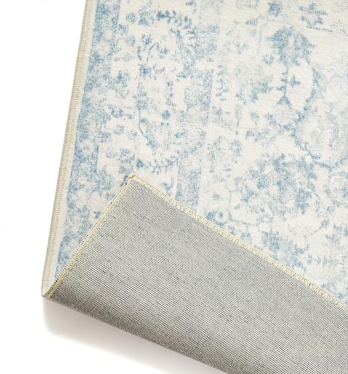 4x6 Blue Area Rug Non Slip Vintage Office Entryway Rug Distressed Machine Washable Kitchen Carpet Traditional Retro Floral Accent Throw Door Mat for Bedroom Bathroom Dining Living Room