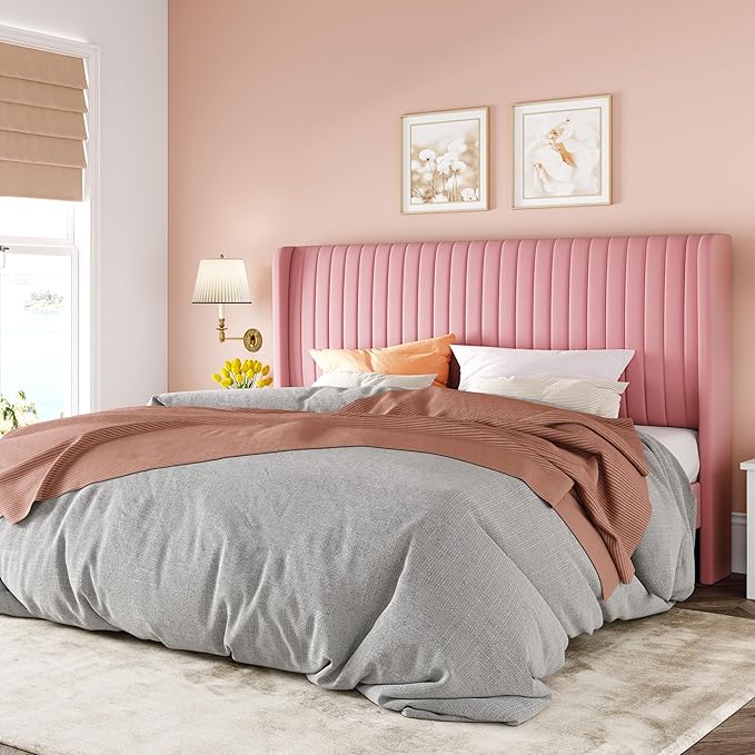 Allewie King Size Velvet Bed Frame/Vertical Channel Tufted Wingback Headboard/Upholstered Platform Bed/Strong Wooden Slats/No Box Spring Needed/Easy Assembly/Pink