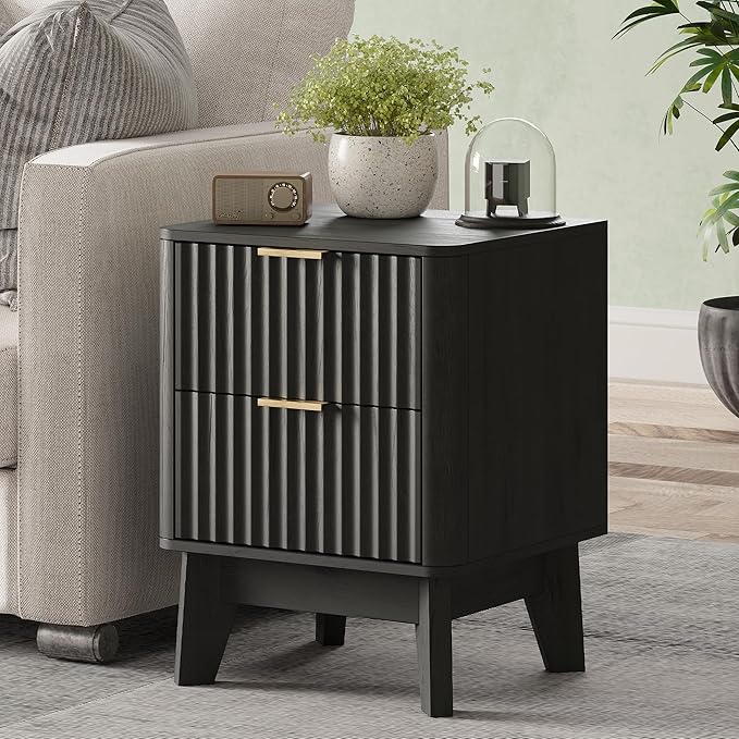 Fluted Nightstand Set of 2, Modern End Table with Metal Handle,2 Storage Drawers Side Table,Bedside Table for Bedroom,Wood Nightstands,Curved Profile Design Furnitue, Black