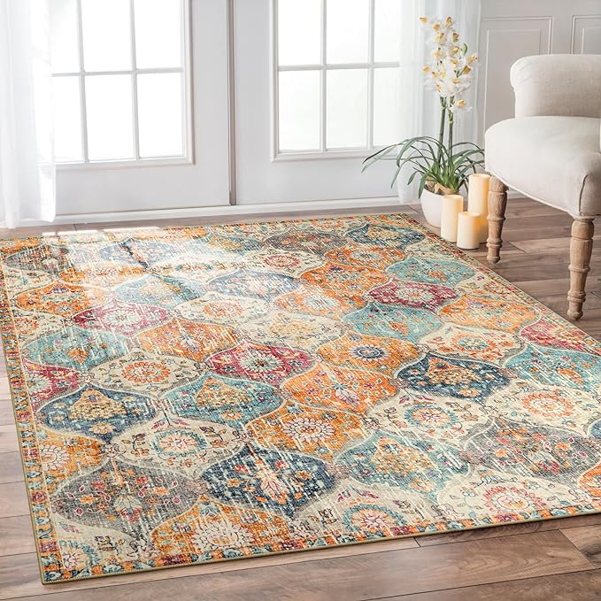 Lahome Moroccan 6x9 Rugs for Living Room, Soft Washable 6x9 Area Rug for Bedroom, Ultra-Thin Oriental Trellis Distressed Non Shedding Throw Large Carpet for Dining Room Office, Cream/Multi