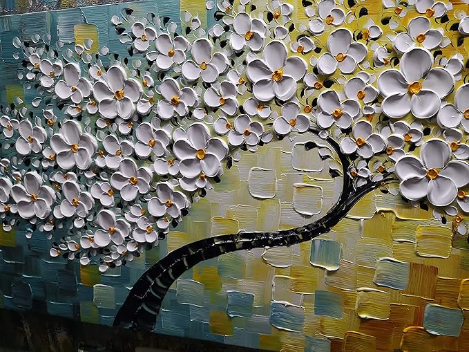YaSheng Art - 100% Hand Painted Contemporary Art Oil Painting On Canvas Texture White 3D Flower Paintings Modern Home Bedroom Living Room Wall Decor Abstract Art Paintings 24x60inch
