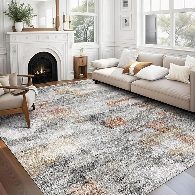vivorug Washable Rug, Ultra Soft Area Rug 3x5, Non Slip Abstract Small Rug, Stain Resistant Rugs for Living Room Bedroom, Modern Fluffy Style (Gray/Rust, 3'x5')