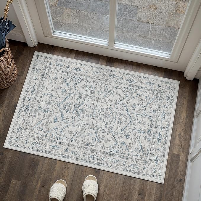 Blue 2x3 Entryway Rug Vintage Area Carpet Indoor Kitchen Washable Door Mat Entrance Small Low Pile Traditional Distressed Retro Accent Throw Rug Non Slip Office Bathroom