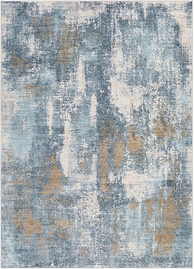 Area Rug Living Room Rugs - 8x10 Washable Large Soft Indoor Neutral Modern Abstract Low Pile Rug Carpet for Bedroom Dining Room Farmhouse Home Office - Blue Brown