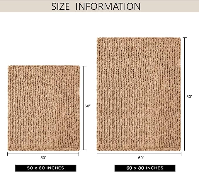 Chunky Knit Throw Blanket 50"X 60", 100% Handmade with Soft Chenille Yarn, 4.4lbs Thick Cable Knitted Blankets, Large Rope Knot Crochet Throws for Couch Sofa Bed Home Decor, Tan Brown