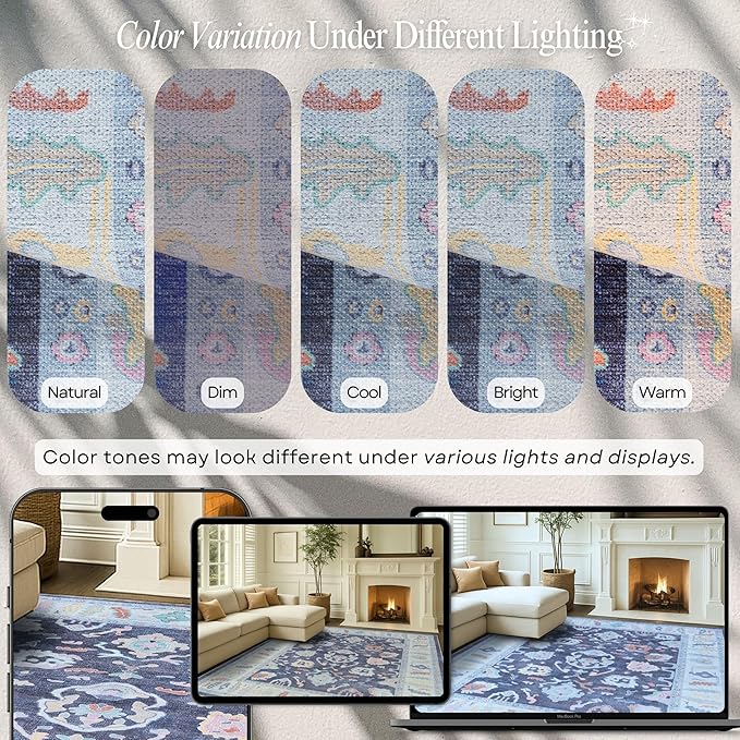Fame Rugs Navy Blue Modern Oushak Rug 2x3, Vintage Doormat Turkish Colorful Oriental Antique Inspired Washable Small Area Rug, Luxury Living Room Bedroom (388NB, 2' x 3')