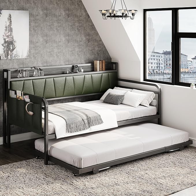 LIKIMIO Daybed with Trundle Bed, Twin Bed Frame with Storage Headboard and Charging Station, Sofa Day Bed with Strong Supports for Living Room, Bedroom, and Guest Room, Dark Green