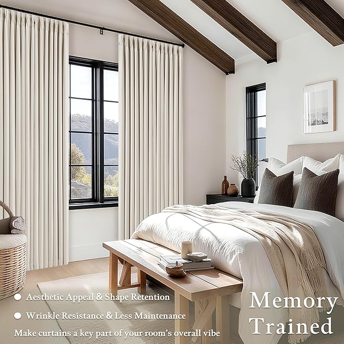 Pleated Cream Ivory 86 Inch Blackout Curtains for Living Dining Room 2 Panels Set Boho Farmhouse Pinch Pleat Natural Linen Black Out Bedroom Curtains Thermal Insulated Room Darkening 2 Layer Design