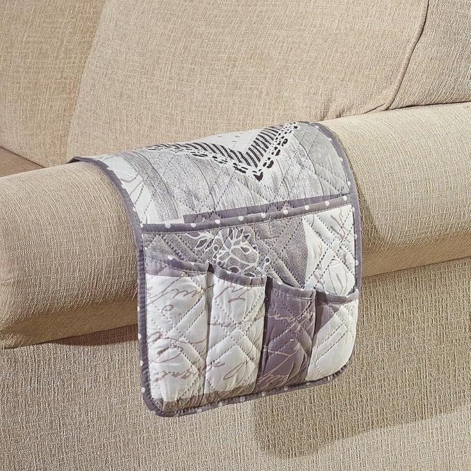 Brilliant Sunshine Grey Heart Love Patchwork Couch Armrest 5 Pockets Organizer, Slip Resistant Armchair Caddy, Washable Remote Controls Holder, Storage for Magazine, Tablet, Phone, 35×13", Grey White