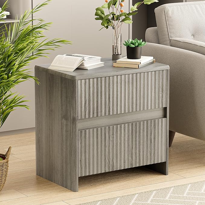 Fluted Nightstand, 23" Wood Bedside Table with 2 Storage Drawers, Modern Night Stand for Bedroom, Office, Grey