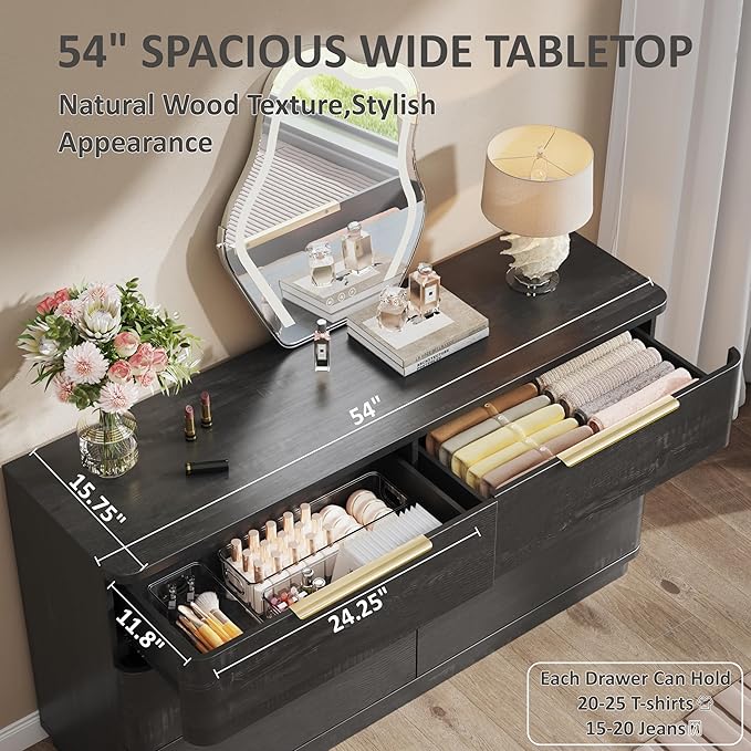 6 Drawer Dresser for Bedroom, 54" Wide Modern Chest of Drawers with Metal Handle, Curved Profile Design, Wooden Black Dresser Closet Clothes Storage TV Stand for Living Room, Hallway
