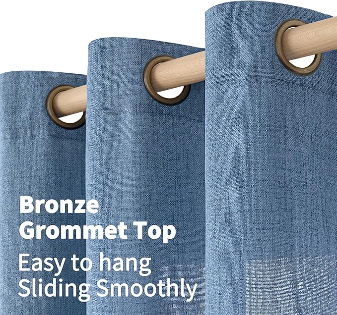 YoungsTex Extro Long Linen Curtains 102 Inch Length for Living Room, Light Filtering Semi Sheer Drapes with Bronze Grommet Privacy for Dining Bedroom Window, Denim Blue, 52 x 102 Inch, 2 Panels