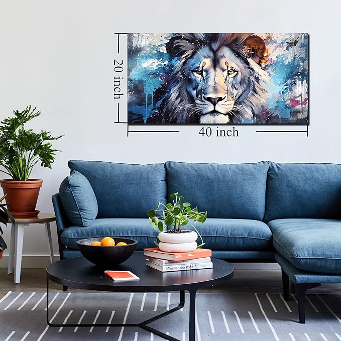 ENTANUB Lion Wall Art for Living Room, Animal Canvas Print Painting for Bedroom, Blue Picture Decor, Size 40x20 Inches
