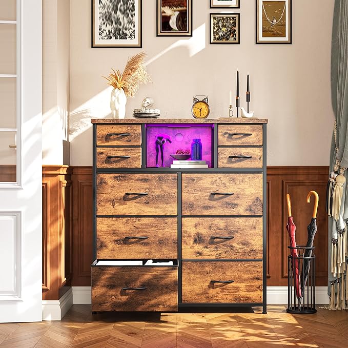 Dresser for Bedroom with 10 Drawers Featuring LED Light and Power Outlet, Fabric Dressers & Chest of Drawers with Open Shelves for Hallway, Living Room, Steel Frame,Wood Top, Rustic Brown