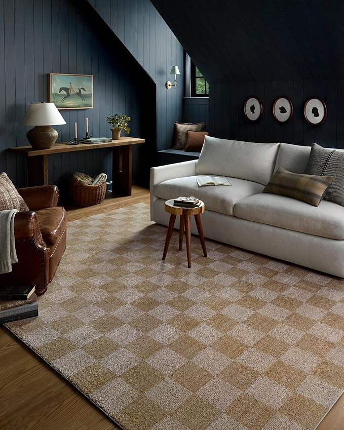 Loloi Chris Loves Julia Calvin Collection CLV-01 Wheat/Ivory 3'-6" x 5'-6" Accent Rug Checkered Neutral Soft Living Room Bedroom Carpet