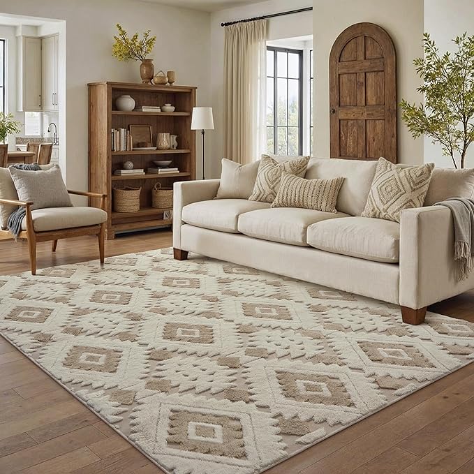 Ivory Brown 5x7 Area Rug Washable Living Room Moroccan Shag Carpet Non Slip Soft Neutral Boho Plush Pile Large Throw Rug for Kitchen Office Dining Room Bedroom Laundry