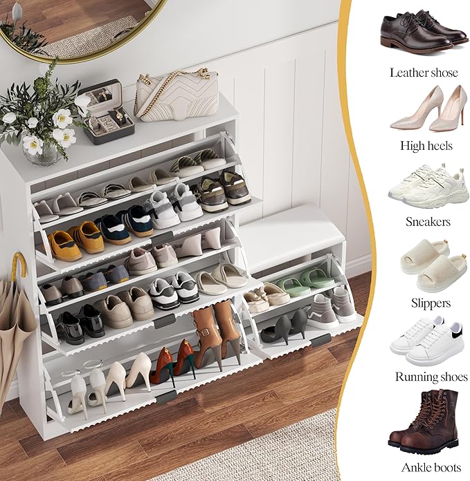 Shoe Cabinet Storage for Entryway with 4 Flip Drawers, White Fluted Shoe Cabinet with Bench, Wooden Hidden Shoe Rack Freestanding Narrow Slim Shoes Storage Organizer for Hallway, Entrance