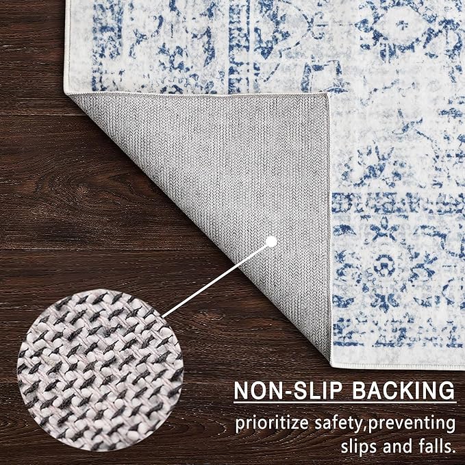 vivorug 9x12 Area Rugs for Living Room, Non Slip Machine Washable Vintage Rug, Ultra-Thin Lightweight Large Area Rug for Bedroom, Dining Room, Low Pile Blue