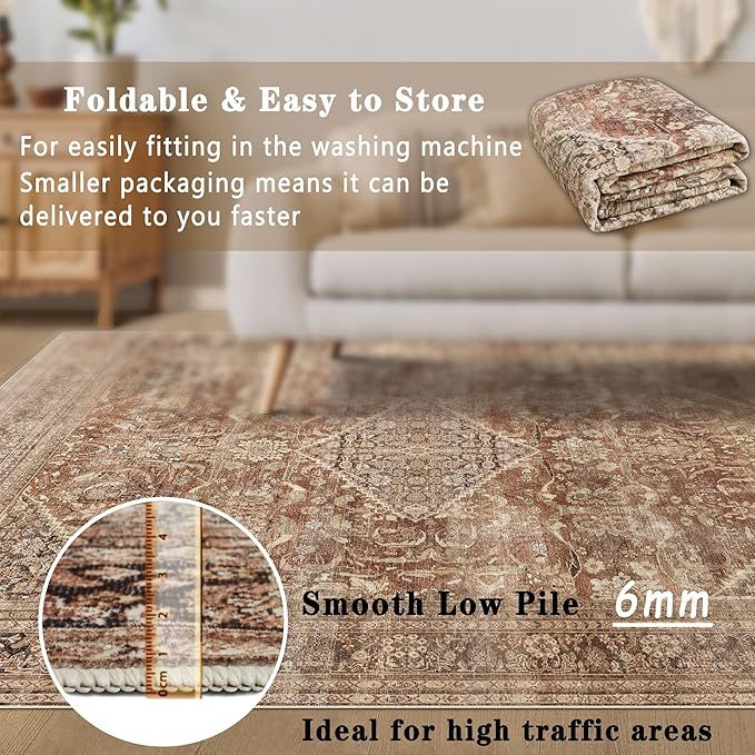 vivorug 9x12 Area Rugs for Living Room, Non Slip Machine Washable Vintage Rug, Ultra-Thin Lightweight Large Area Rug for Bedroom, Dining Room, Low Pile Rug Earth Tone