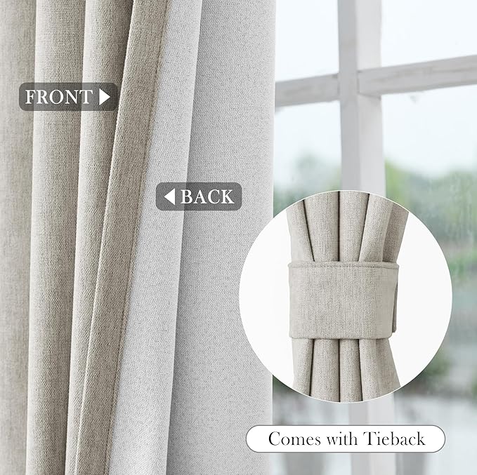 Macochico 100% Blackout Chenille Curtains 96 Inches Long for Hotel Nursery Noise Reducing Thermal Curtains for Bedroom Living Room Grommet Beige Curtains with Tieback 52" Wx96 L Classic 1 Panel