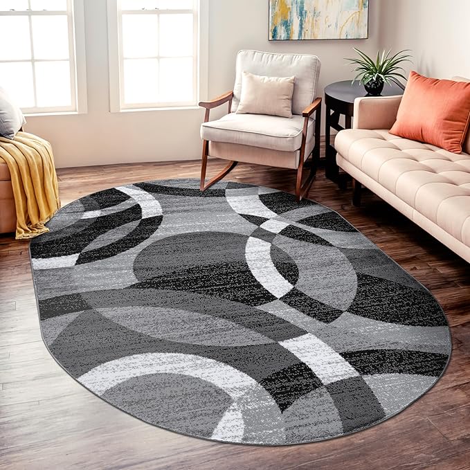 Rugshop Gray Modern Geometric Oval Rug, Abstract Circles, High-Traffic, Non-Shedding, for Living Room, Bedroom and Home Office, 5' x 7' Oval