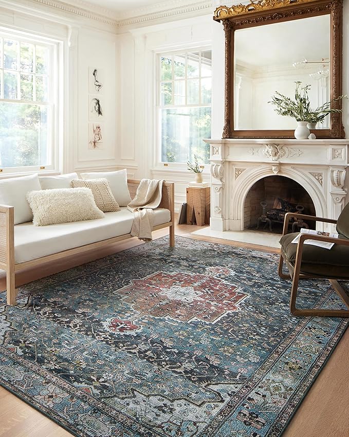 Loloi Margot Collection MAT-05 Ocean/Brick 3'-6" x 5'-6" Accent Rug feat. CloudPile, No-Shed Easy Clean Large Patterned Area Rug for Living Room, Bedroom, Dining Area