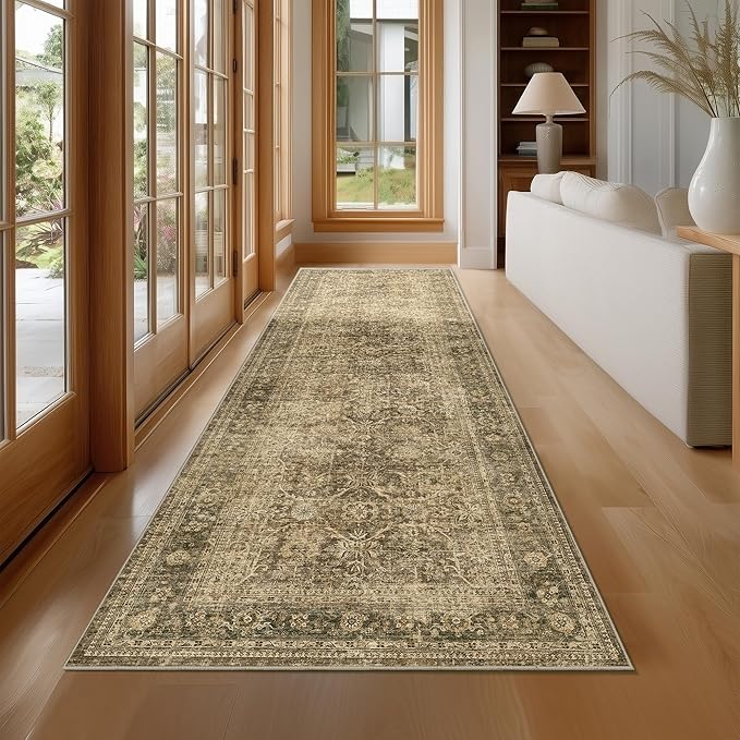 FMFUNCTEX 3x10 Runner Rug Brown Washable Vintage Neutral Distressed Non Slip Low Pile Indoor Carpet Soft Retro Floral Hallway Entryway Rug for Kitchen Living Room Bedroom Bathroom Laundry Bedside