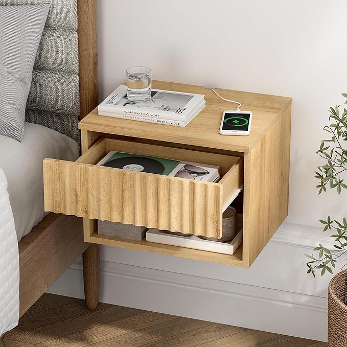 Floating Nightstands Set of 2 with Drawer and Open Shelf, Small Wall Mounted Bedside End Table, Modern Fluted Night Stand for Bedroom, Living Room, Natural Oak