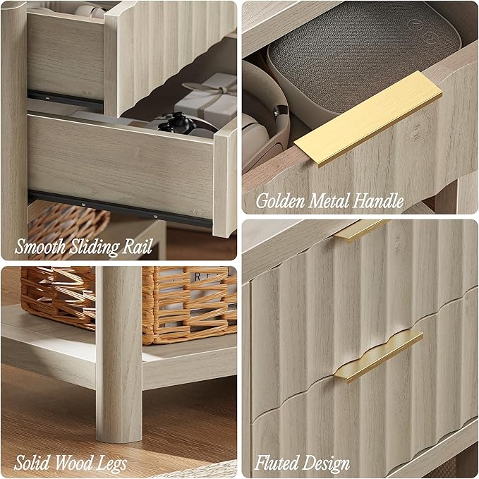 Huuger 27.6 Inch Tall Night Stands with Charger Station, USB-C Port, Fluted Nightstand Set of 2, Larger Wider Bed Side Table with 2 Deep Drawers, Open Shelf, Bedroom Living Room End Table, Grey